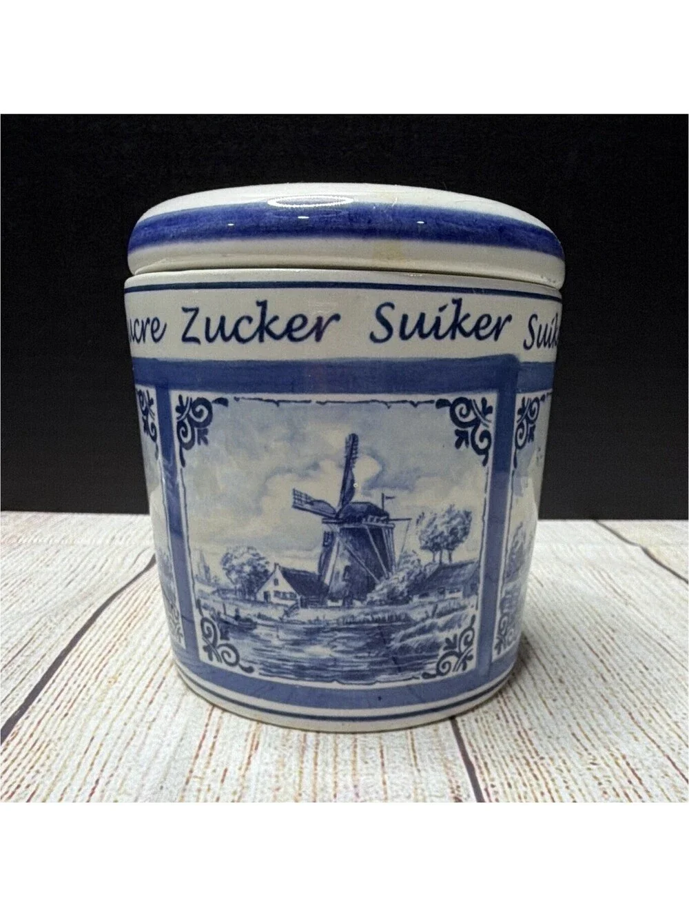 Delfts Blue Delfino Ceramic Sugar Canister Jar w/ Lift-Off Lid Floral